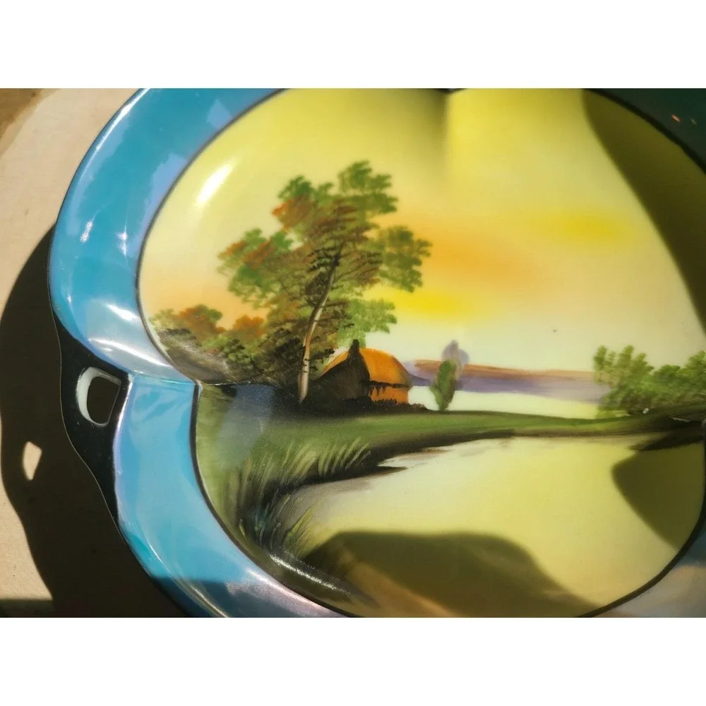 Vintage NORITAKE Japan Trinket Dish Blue Handled Tree‎ in Meadow Scene